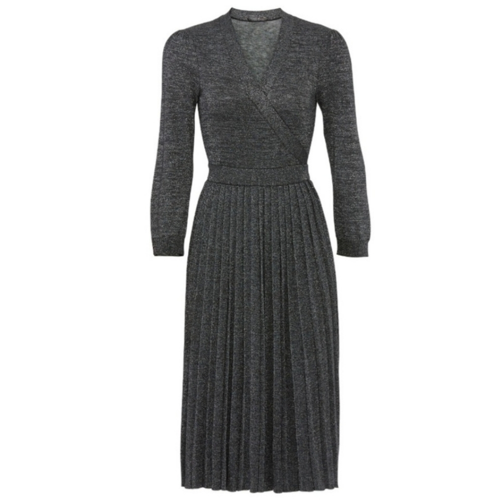 Kate Spade New York Faux Wrap Dress Grey Metallic Silver Knit Pleated V Neck XS